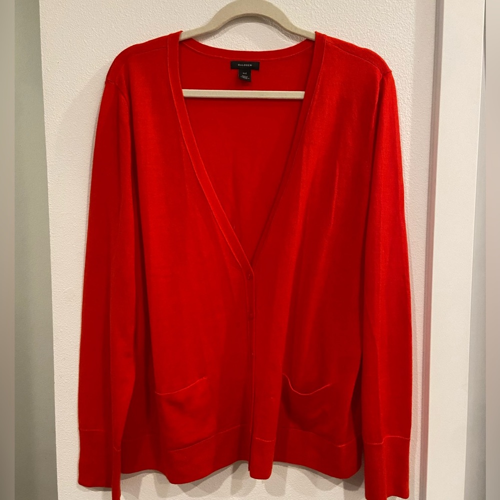 Halogen 100% Merino Wool Red Button Up Cardigan Sweater Size XXL